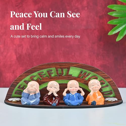 HindCraft Set of 4 Little Buddha Baby Monk Showpieces – Valentine Gift for Joy & Positivity | Cartoon-Style Monks with Decorative Wooden Base | Perfect for Home, Car Dashboard & Festive Gifting - Image 4