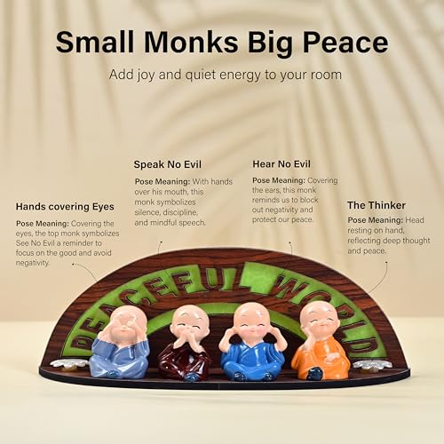 HindCraft Set of 4 Little Buddha Baby Monk Showpieces – Valentine Gift for Joy & Positivity | Cartoon-Style Monks with Decorative Wooden Base | Perfect for Home, Car Dashboard & Festive Gifting - Image 3