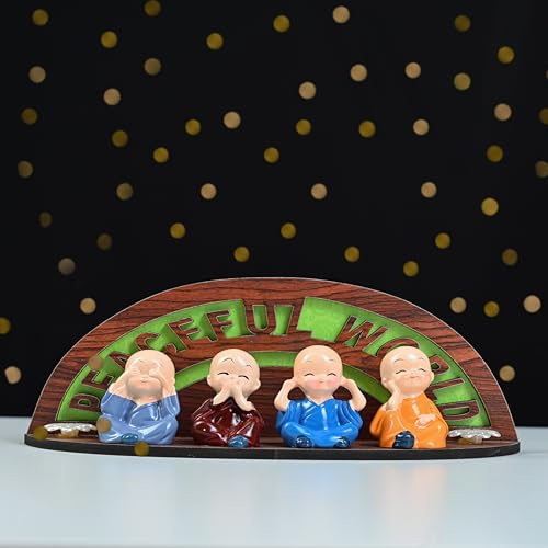 HindCraft Set of 4 Little Buddha Baby Monk Showpieces – Valentine Gift for Joy & Positivity | Cartoon-Style Monks with Decorative Wooden Base | Perfect for Home, Car Dashboard & Festive Gifting - Image 1