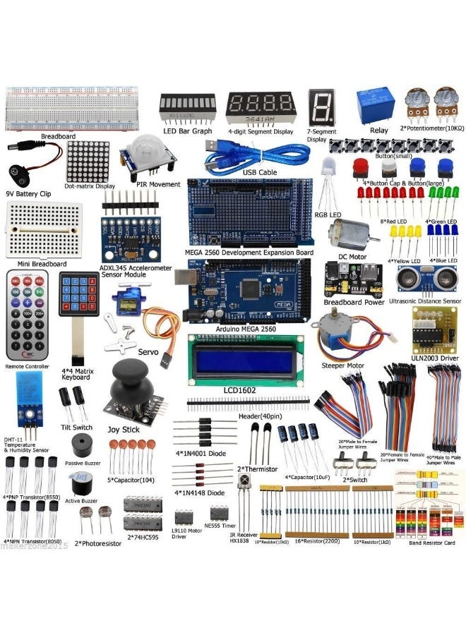 Arduino Complete Ultimate STEM Electronic Projects Starter Kit for Arduino with Mega2560, LCD1602, Servo, Stepper Motor, Sensors, Breadboard, Jumper Wire, Resistor, Capacitor, Transistor and Tutorial - Image 1