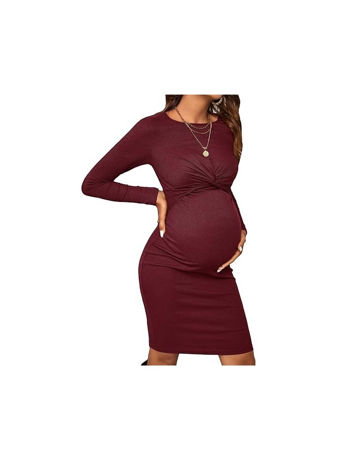 Women's Maternity Twist Front Long Sleeve Round Neck Bodycon Dress  - Image 1