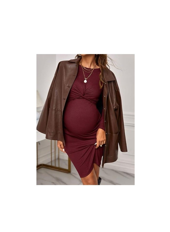 Women's Maternity Twist Front Long Sleeve Round Neck Bodycon Dress  - Image 2