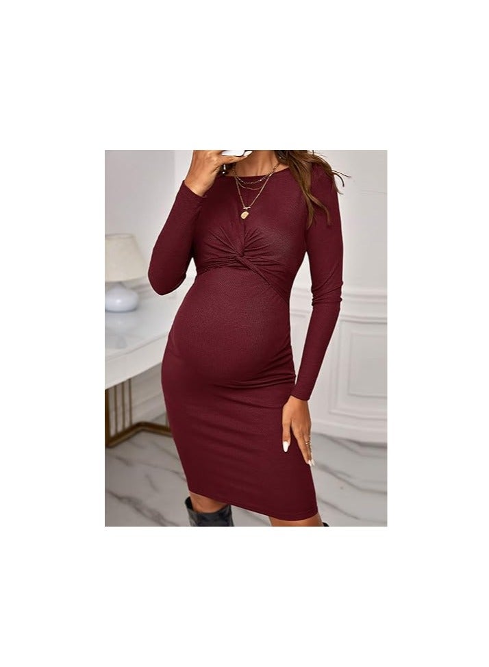 Women's Maternity Twist Front Long Sleeve Round Neck Bodycon Dress  - Image 3