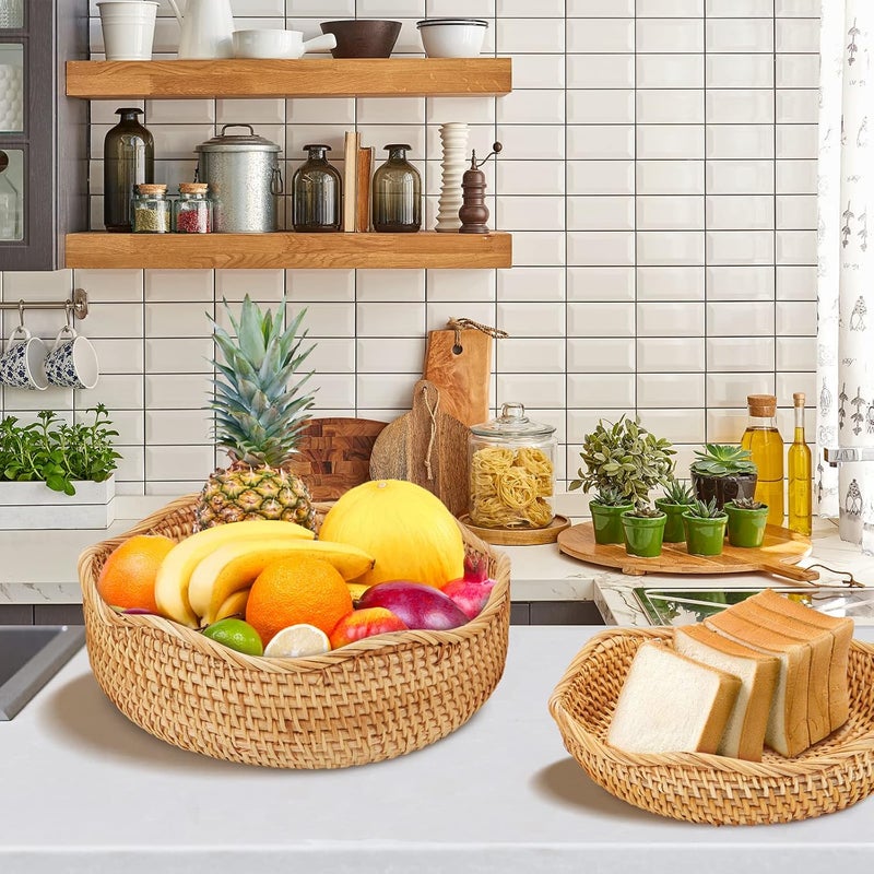 Whalehub Natural Rattan Round Fruit Basket Bowls, Hand Woven Decor Serving Baskets, Wicker Storage for Dinning Room (Wave-Small)＜7.9''(D) X2.6''(H)＞ - Image 5