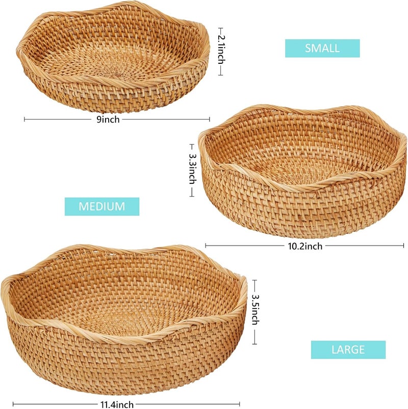 Whalehub Natural Rattan Round Fruit Basket Bowls, Hand Woven Decor Serving Baskets, Wicker Storage for Dinning Room (Wave-Small)＜7.9''(D) X2.6''(H)＞ - Image 3