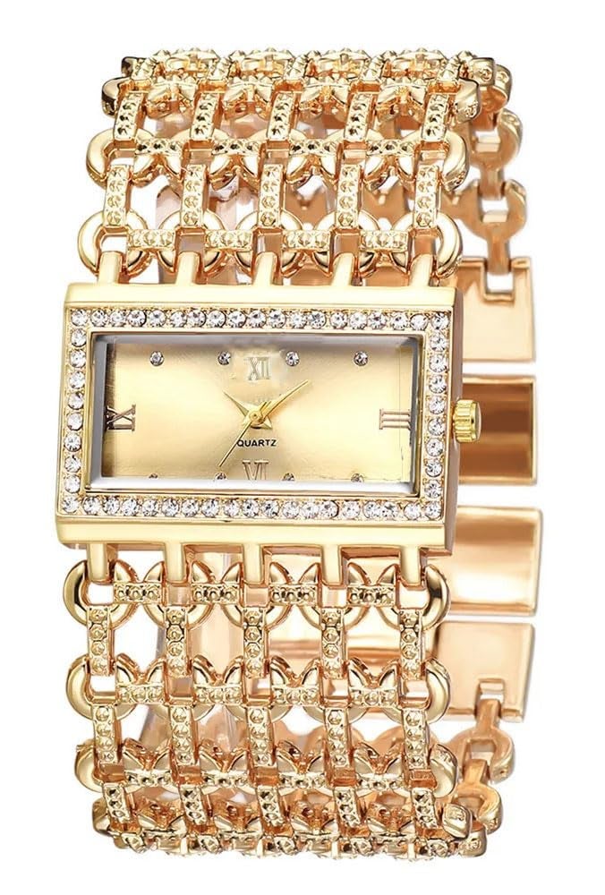 SENRUD Fashion Cuff Bracelet Watches for Women Luxury Rectangular Dial Analog Quartz Wrist Watch Gifts for Ladies (01 Gold) - Image 1