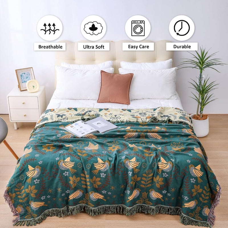 VANJOROY Boho Throw Blanket, 100% Organic Cotton Breathable Ultra Soft 50" x 60" Bed Quilt Throw - Floral Rustic Bird Farmhouse Decor Luxury Reversible Blanket for Sofa Couch Chair and Gift,Teal/Beige - Image 4