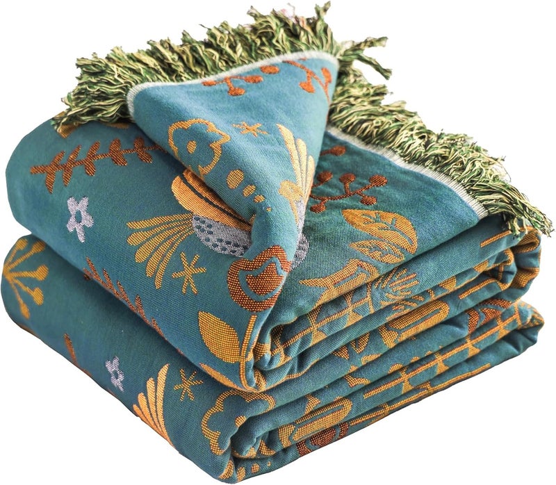 VANJOROY Boho Throw Blanket, 100% Organic Cotton Breathable Ultra Soft 50" x 60" Bed Quilt Throw - Floral Rustic Bird Farmhouse Decor Luxury Reversible Blanket for Sofa Couch Chair and Gift,Teal/Beige - Image 1