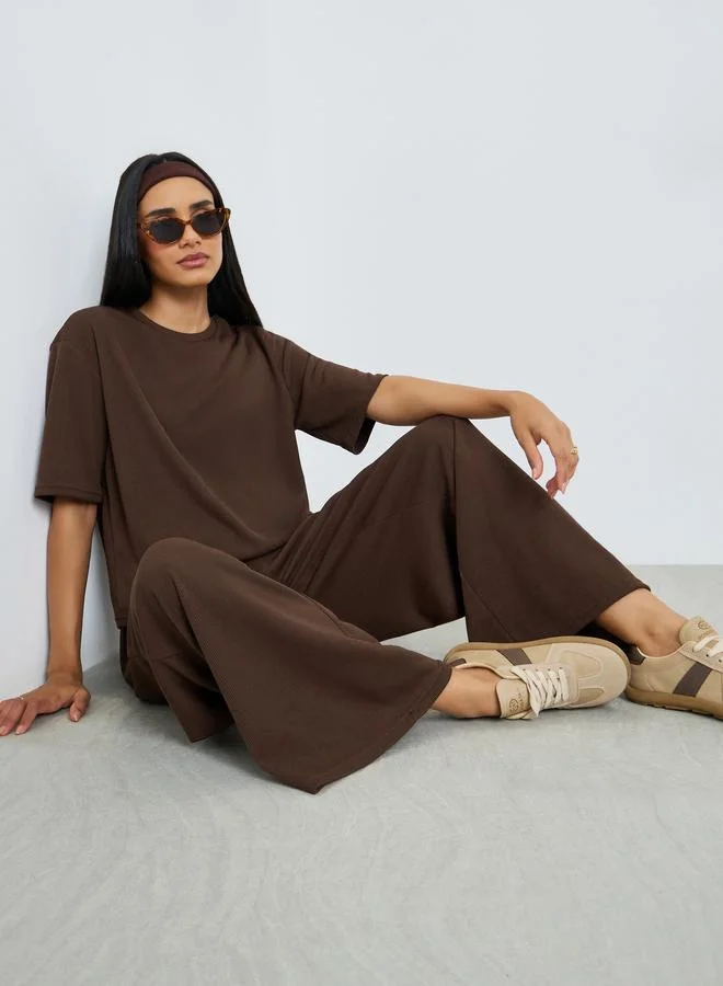 Styli Brown Ribbed T-Shirt and Wide Leg Joggers Co-Ords