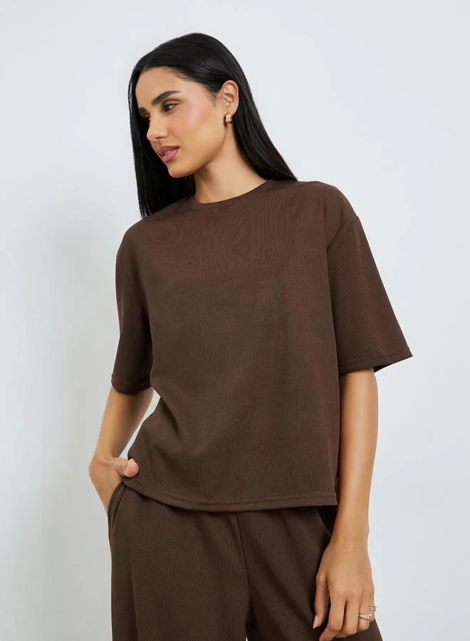 Styli Brown Ribbed T-Shirt and Wide Leg Joggers Co-Ords