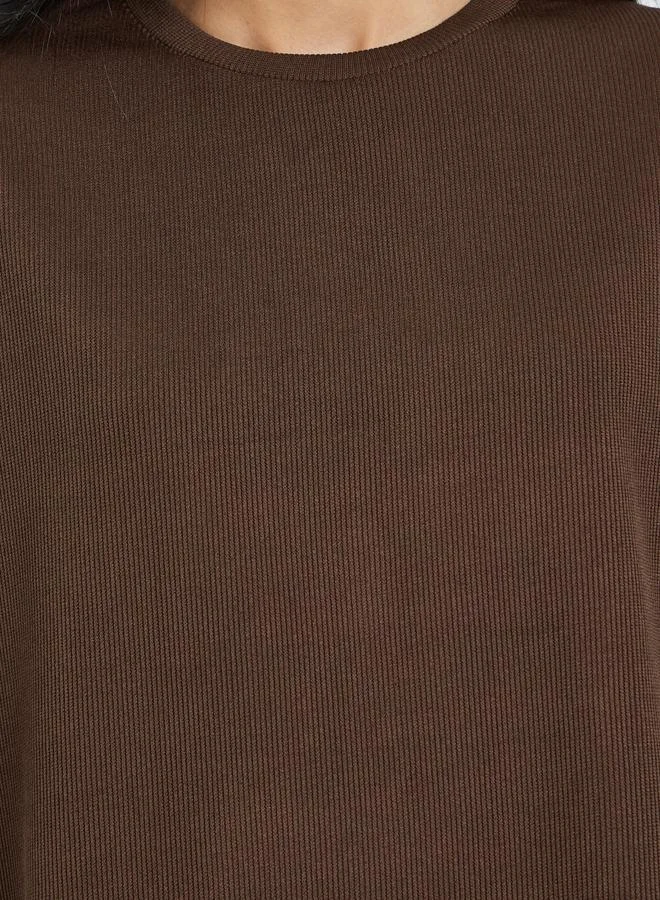 Styli Brown Brown Ribbed T-Shirt and Wide Leg Joggers Co-Ords for Women | Best Price UAE