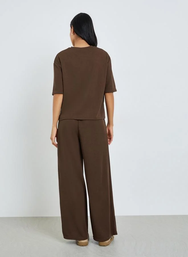 Styli Brown Brown Ribbed T-Shirt and Wide Leg Joggers Co-Ords for Women | Best Price UAE