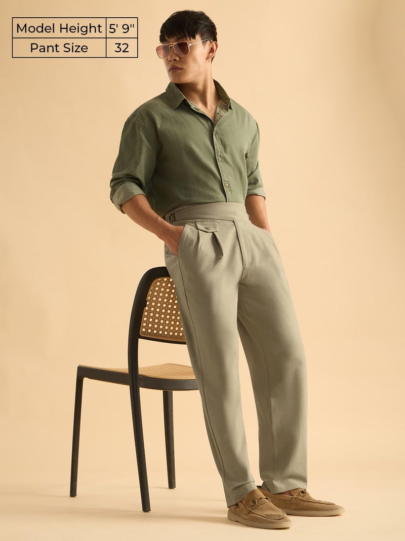 The Souled Store: Gurkha Pants Men and Boys Solid Polyester Blend Straight Fit Adjustable Waistband 4-Way Stretch Wrinkle Resistant Pleated Front Trousers Light Olive - Image 2