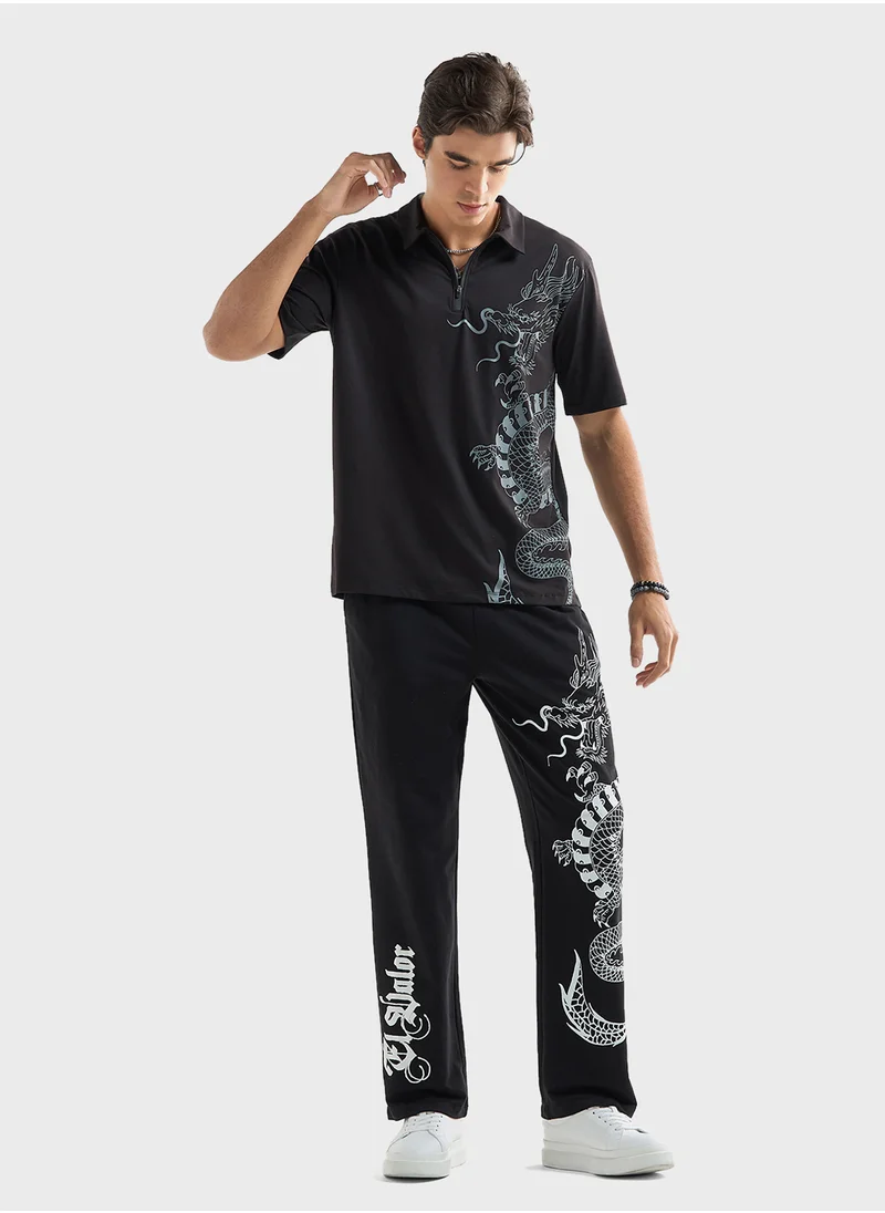 فاف Dragon Print Polo T-shirt with Zip Closure and Sho