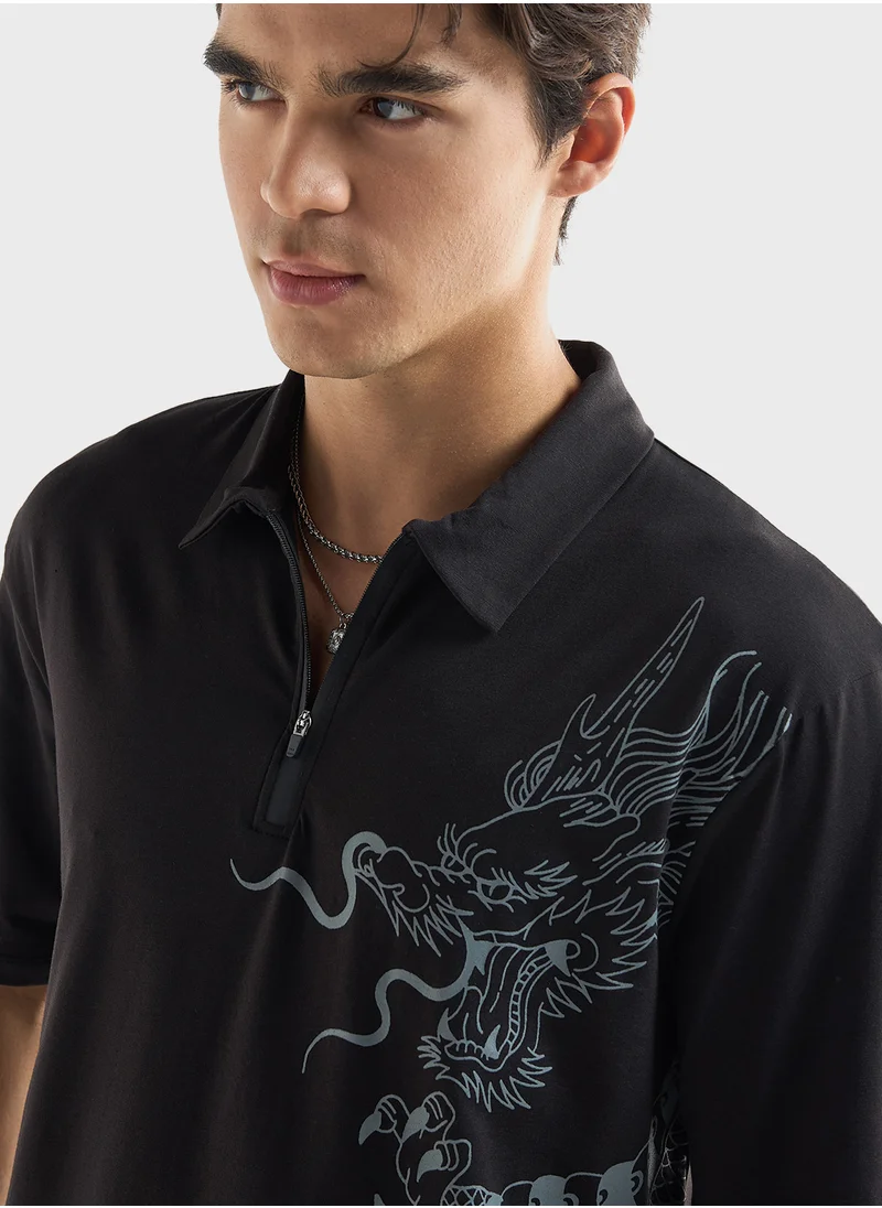 فاف Dragon Print Polo T-shirt with Zip Closure and Sho