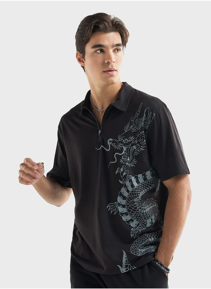 فاف Dragon Print Polo T-shirt with Zip Closure and Sho