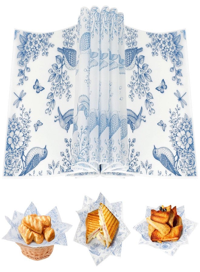 LOAVER 150 Pcs Blue Floral Wax Paper Sheets for Food,Chinoiserie Bird Greaseproof Wrapping Tissue Deli Parchment Baking Paper for Sandwich Cookies Picnic Liners Kicthen Supplies(8.66 x 9.84 Inch) - Image 1