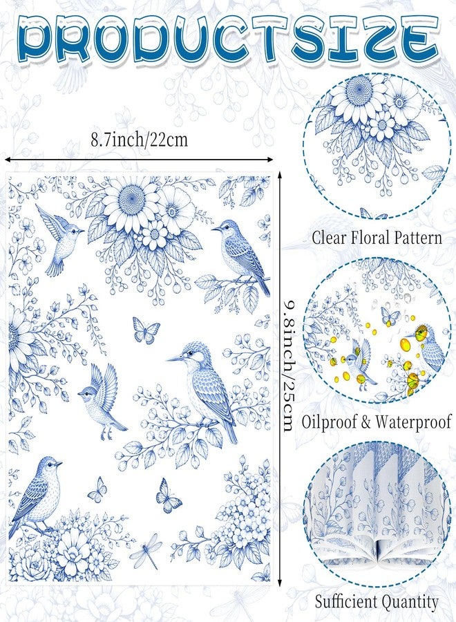 LOAVER 150 Pcs Blue Floral Wax Paper Sheets for Food,Chinoiserie Bird Greaseproof Wrapping Tissue Deli Parchment Baking Paper for Sandwich Cookies Picnic Liners Kicthen Supplies(8.66 x 9.84 Inch) - Image 2