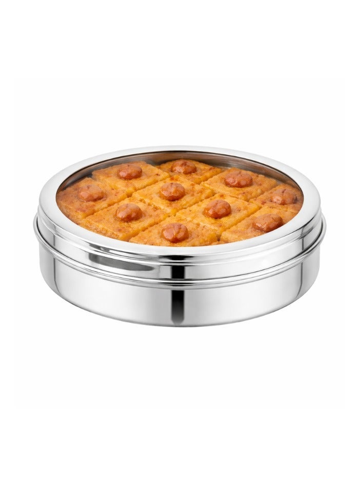 Ayda طقم 3 قطع صينية بسكويت باسبوصة من الفولاذ المقاوم للصدأ مع غطاء زجاجي شفاف فضي 21.5 سم - Image 3