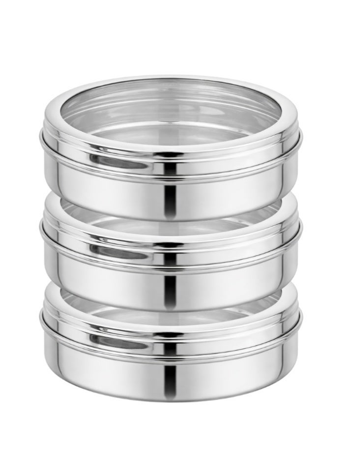 Ayda طقم 3 قطع صينية بسكويت باسبوصة من الفولاذ المقاوم للصدأ مع غطاء زجاجي شفاف فضي 21.5 سم - Image 1