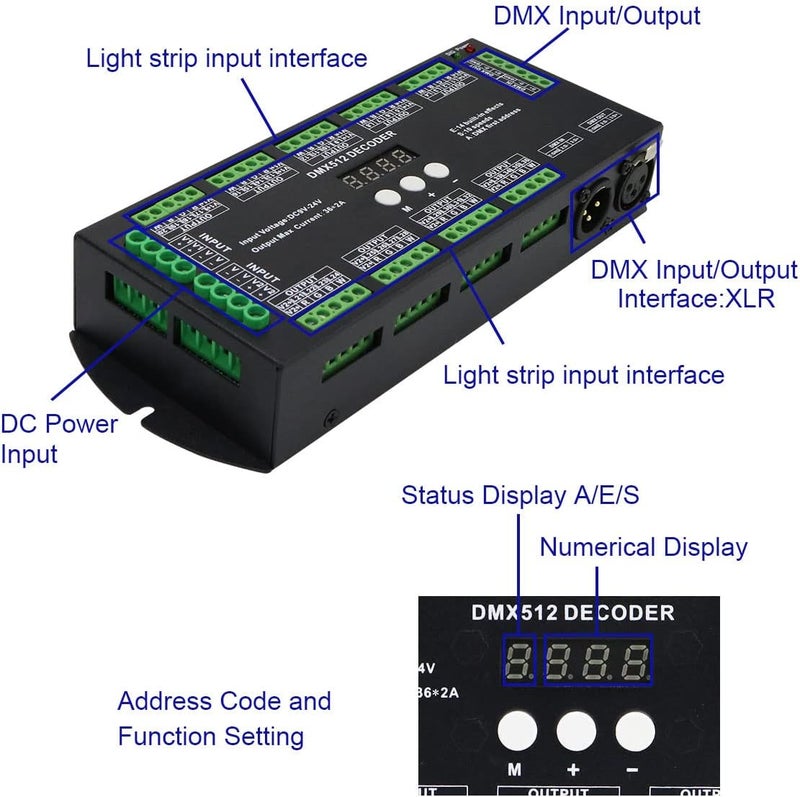 AKEPO 36CH DMX RGBW LED Digital Display Decoder, DMX512 Controller for RGBW LED Lights DC9-24V 2A/CH with 14 Built-in Effects(36 Channel with Display) - Image 2