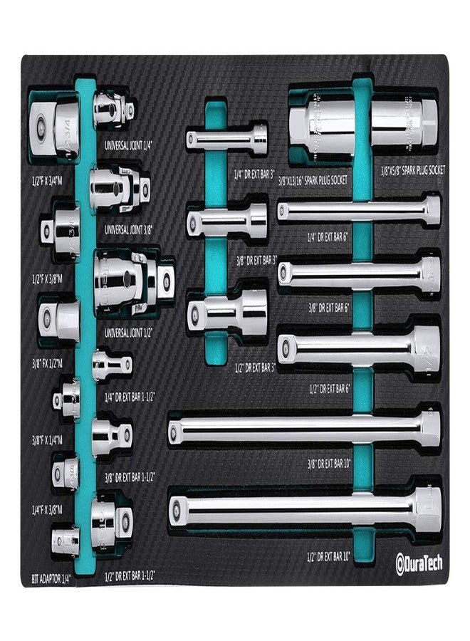 DURATECH 22-Piece Drive Tool Accessory Set, Including 1/4 3/8 1/2 Extension Bars, Socket Adapters, Universal Joints, Spark Plug Sockets, Professional Socket Accessories, Cr-V Steel, EVA Foam Package - Image 1