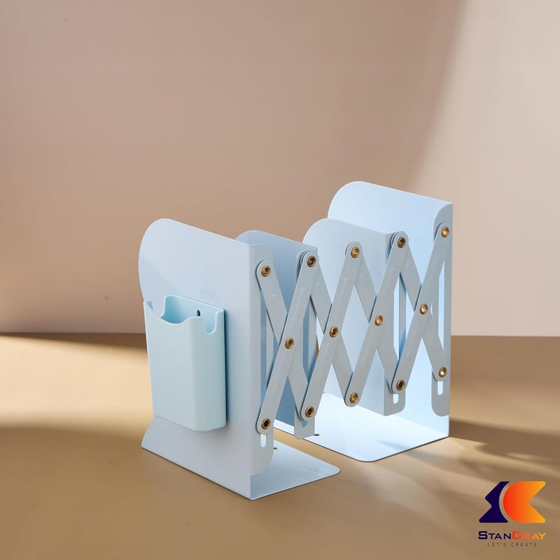 STANCRAY Metal Semi Open Expandable Book Shelf Desktop Bookend Stand Holder Adjustable Book Rack for Kid Office Book Organizer Box Book Stand, Book Organiser, File Holders Organizer (Blue) - Image 2