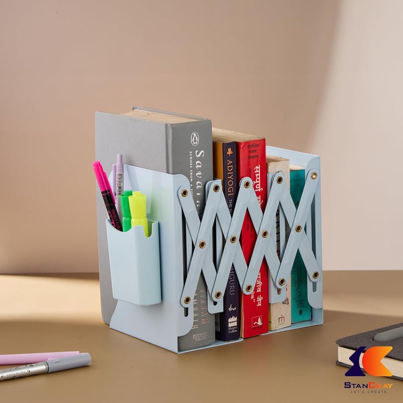 STANCRAY Metal Semi Open Expandable Book Shelf Desktop Bookend Stand Holder Adjustable Book Rack for Kid Office Book Organizer Box Book Stand, Book Organiser, File Holders Organizer (Blue) - Image 1