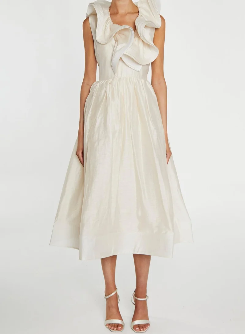 True Decadence Peyton Cream Ruffle Midi Dress - Romantic Bridesmaid & Cocktail Party Dress