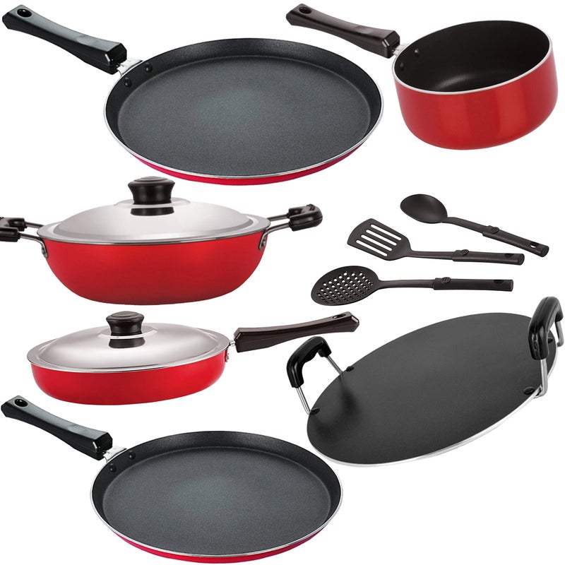 Nirlon Nirlon Non-Stick Heavy Gauge Aluminium Kitchen Items - 9 Pieces, Red -2.6mm_FT13_FT12_DKDB_SPB_RT_FP12_3SPN  - Image 1