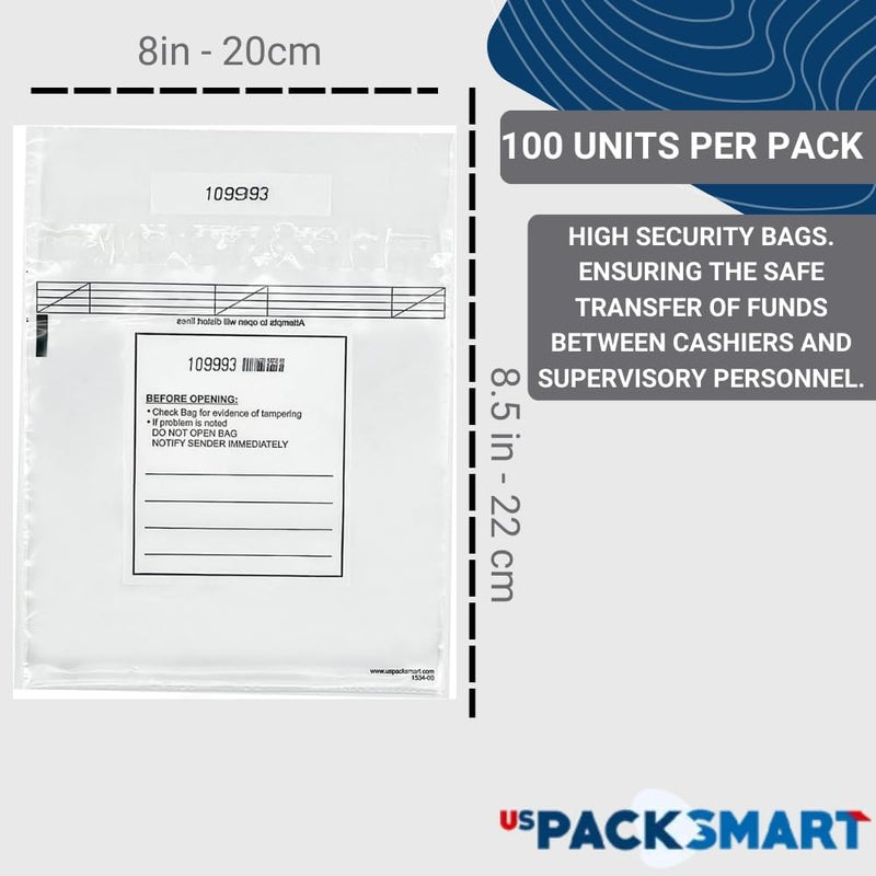 US PACK SMART Clear Bank Deposit Bags 8.5"x8" 100-pack | Secure Bank Cash Transmittal Envelopes for Cash, Coins, Credit Cards, Checks, and More | Numbered, Self-Sealing, and Permanent Adhesive - Image 2