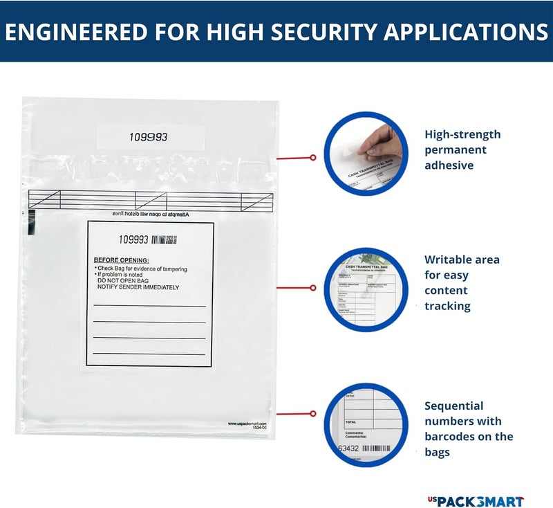 US PACK SMART Clear Bank Deposit Bags 8.5"x8" 100-pack | Secure Bank Cash Transmittal Envelopes for Cash, Coins, Credit Cards, Checks, and More | Numbered, Self-Sealing, and Permanent Adhesive - Image 3
