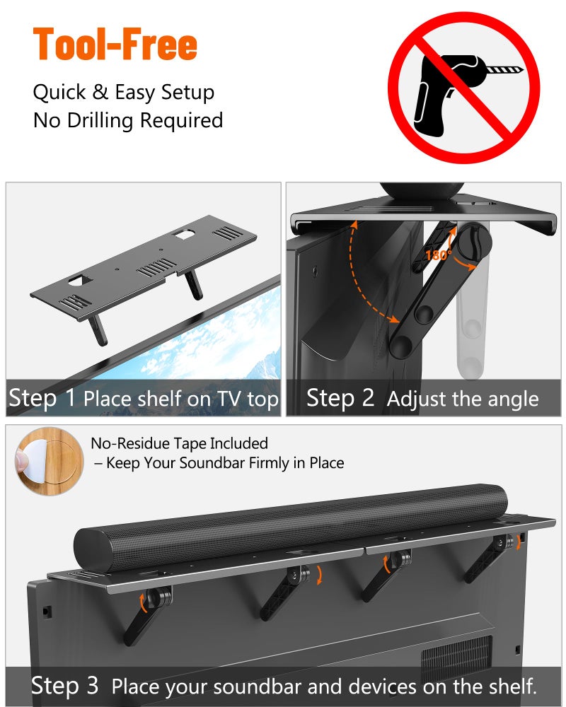 CUISIBOT Soundbar Mount, No Drilling Steel TV Top Shelf Fits Most of Sound Bars Up to 15 Lbs, Universal Sound Bar TV Mount Bracket, Sound Bar Stand Compatible with Samsung, Sony, LG,Bose, 33.8x4.7inch - Image 3