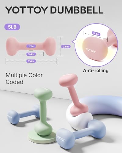 YOTTOY مجموعة أوزان يوتوي من 2 دمبل، أوزان يدوية من 2-15 رطل للنساء، أوزان يدوية غير قابلة للانزلاق لصالة الألعاب الرياضية المنزلية، تدريب القوة، وتمارين الجسم بالكامل (وردي، 5 رطل-زوج) - Image 2