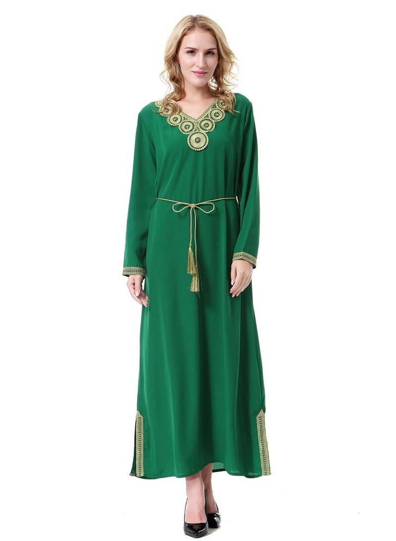 Loquat Women's V-Neck Long Sleeve Applique Maxi Long Dress Robe With Belt Green  - Image 1