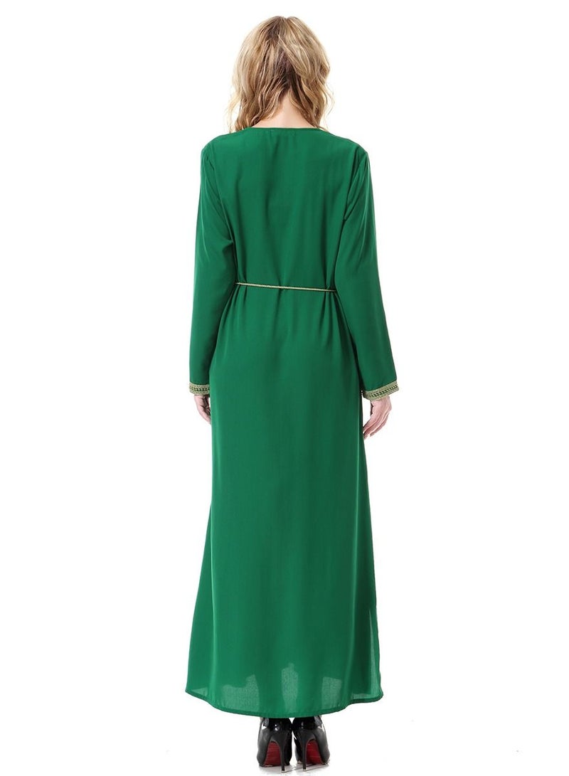 Loquat Women's V-Neck Long Sleeve Applique Maxi Long Dress Robe With Belt Green  - Image 3