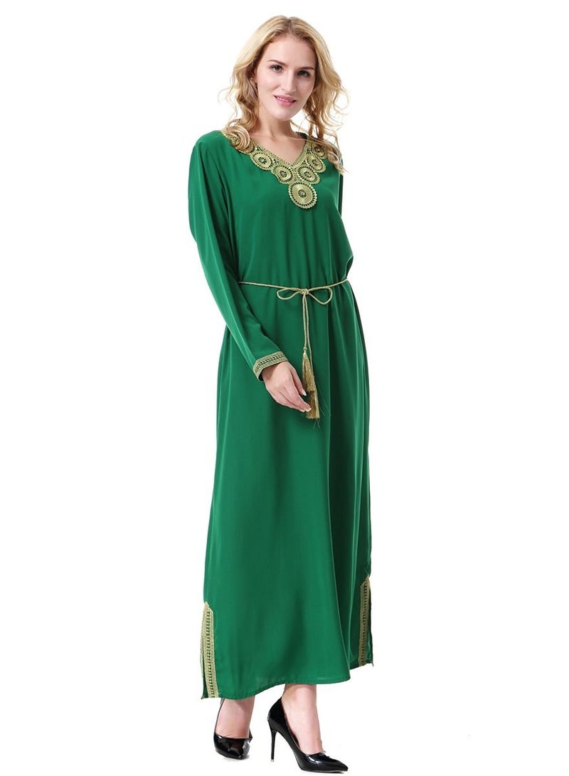 Loquat Women's V-Neck Long Sleeve Applique Maxi Long Dress Robe With Belt Green  - Image 2