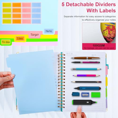 GDGDSY Hardcover Spiral Notebook 8"x10" Journal Notebook with Tabs and Removable Dividers 300 Pages 5 Subject Notebook College Ruled, Faux Leather Spiral Bound Notebook for Women School Work (Rose Red) - Image 5