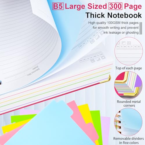 GDGDSY Hardcover Spiral Notebook 8"x10" Journal Notebook with Tabs and Removable Dividers 300 Pages 5 Subject Notebook College Ruled, Faux Leather Spiral Bound Notebook for Women School Work (Rose Red) - Image 4