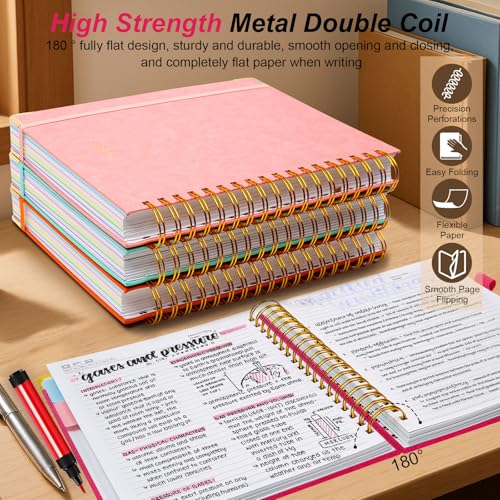 GDGDSY Hardcover Spiral Notebook 8"x10" Journal Notebook with Tabs and Removable Dividers 300 Pages 5 Subject Notebook College Ruled, Faux Leather Spiral Bound Notebook for Women School Work (Rose Red) - Image 3