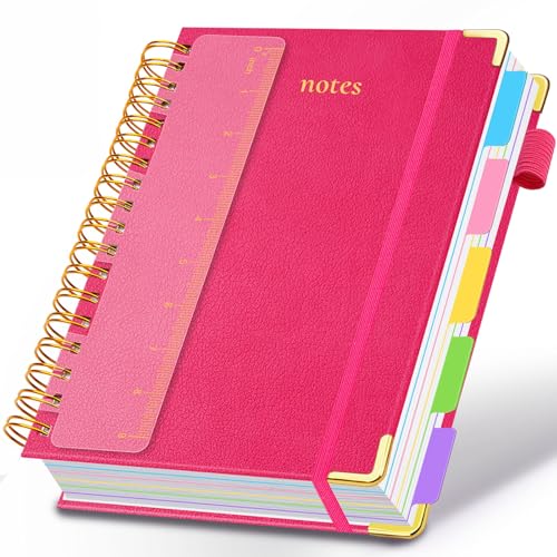 GDGDSY Hardcover Spiral Notebook 8"x10" Journal Notebook with Tabs and Removable Dividers 300 Pages 5 Subject Notebook College Ruled, Faux Leather Spiral Bound Notebook for Women School Work (Rose Red) - Image 1