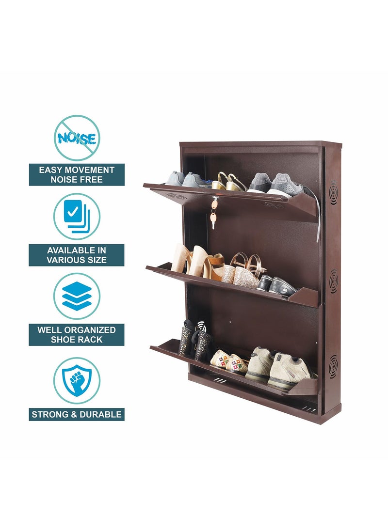 SHANDAR SF SHANDAR SF 3 Door 28 Inches Wide Wall Mounted Metal Shoe Rack Organizer Chappals Slippers Stand Holds 9 Pairs Footwear 03 Door 28 IN Brown  - Image 3