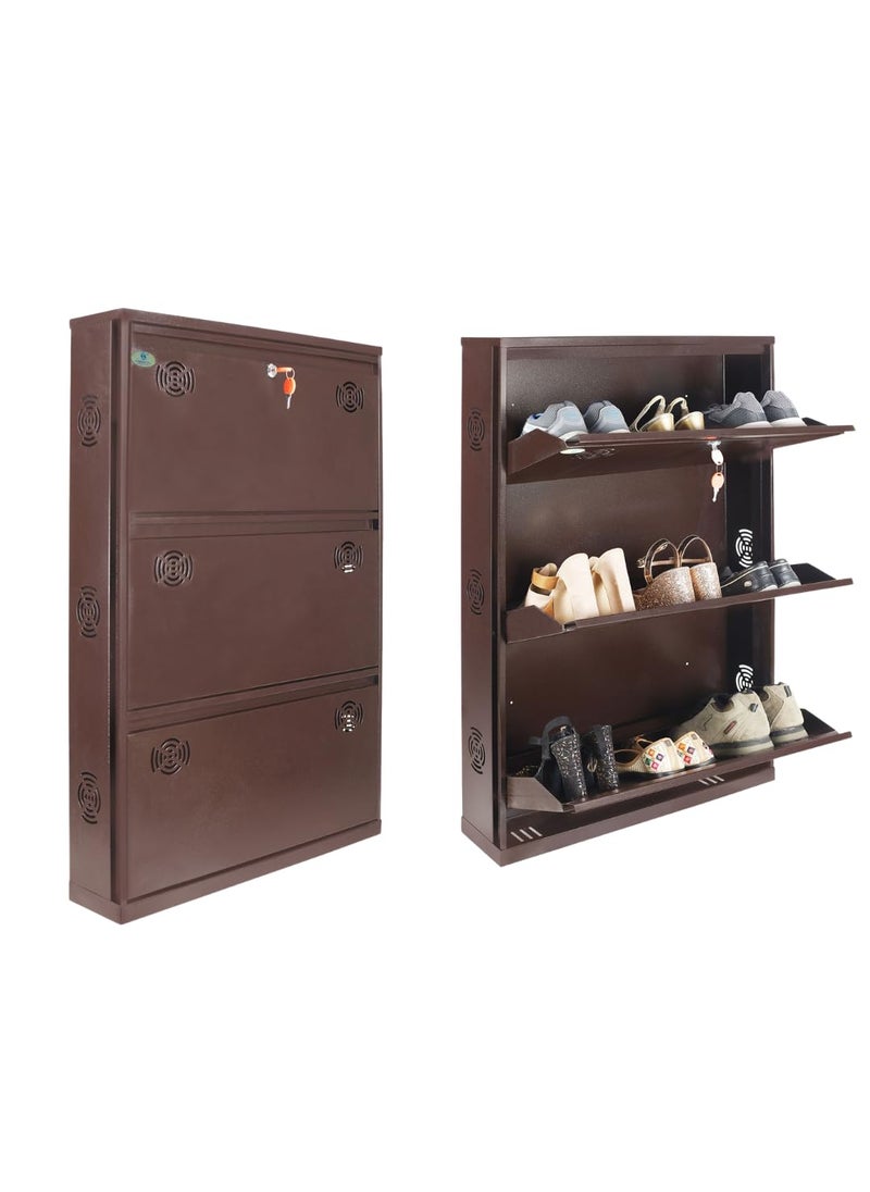 SHANDAR SF SHANDAR SF 3 Door 28 Inches Wide Wall Mounted Metal Shoe Rack Organizer Chappals Slippers Stand Holds 9 Pairs Footwear 03 Door 28 IN Brown  - Image 1