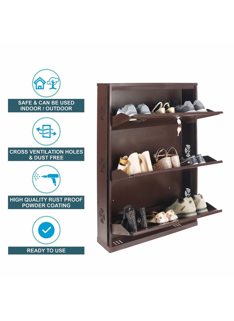 SHANDAR SF SHANDAR SF 3 Door 28 Inches Wide Wall Mounted Metal Shoe Rack Organizer Chappals Slippers Stand Holds 9 Pairs Footwear 03 Door 28 IN Brown  - Image 5