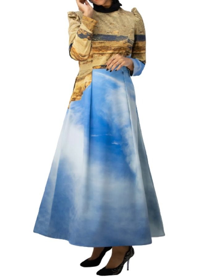 UniqueGraphy Princess Cut Printed Satin Dress - High waist -Puff Shoulders Printed Dress – UniqueGraphy Statement Look for Elegant Occasions  - Image 2