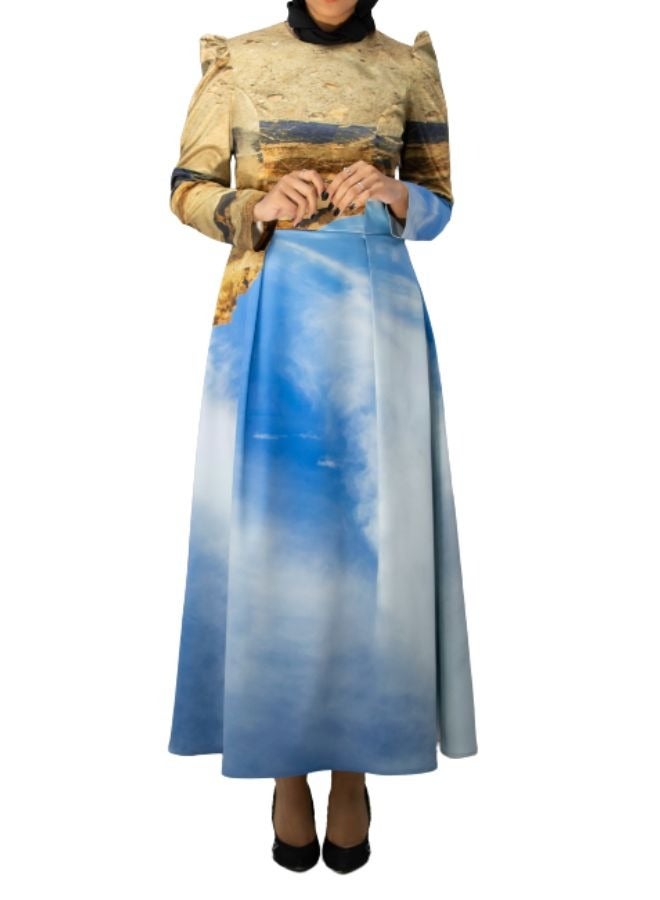 UniqueGraphy Princess Cut Printed Satin Dress - High waist -Puff Shoulders Printed Dress – UniqueGraphy Statement Look for Elegant Occasions  - Image 3
