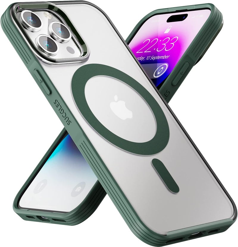 SUCGLES Magnetic Bumper Case for iPhone 14 Pro Case with MagSafe, [Strong Magnet] [12FT Military Grade Protection] Slim Translucent Matte Mag Safe Phone Cover for (Apple 14pro, Frosted Alpine Green) - Image 1