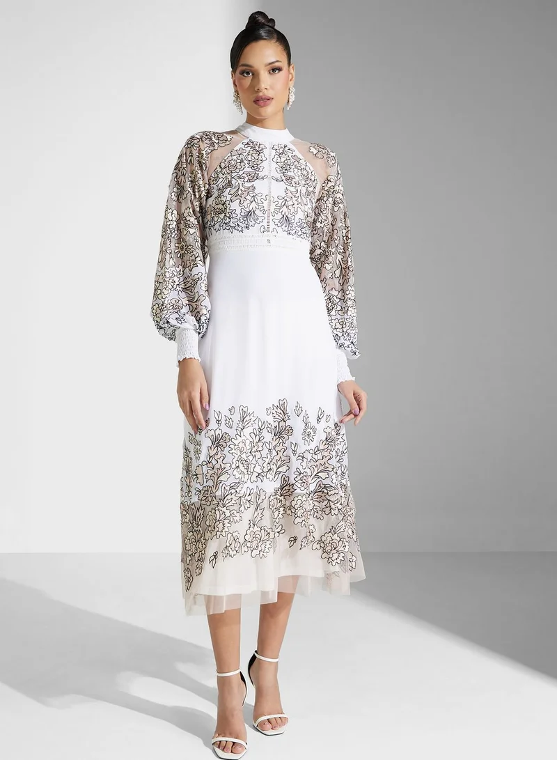 Frock and Frill Floral Overlay Midi Dress