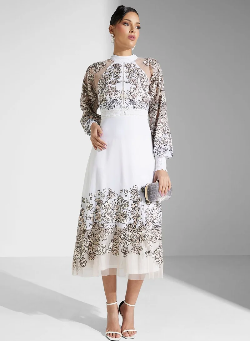Frock and Frill Floral Overlay Midi Dress
