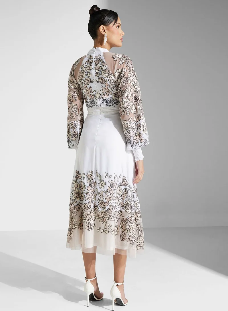 Frock and Frill Floral Overlay Midi Dress